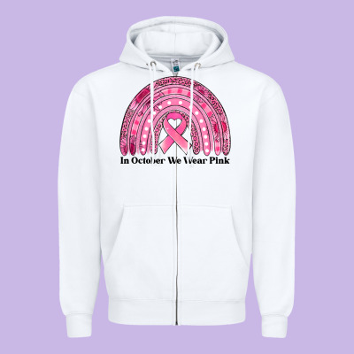 In October We Wear Pink Breast Cancer Awareness Rainbow Zipper Hoodie Designed By Jasminsmagicworld