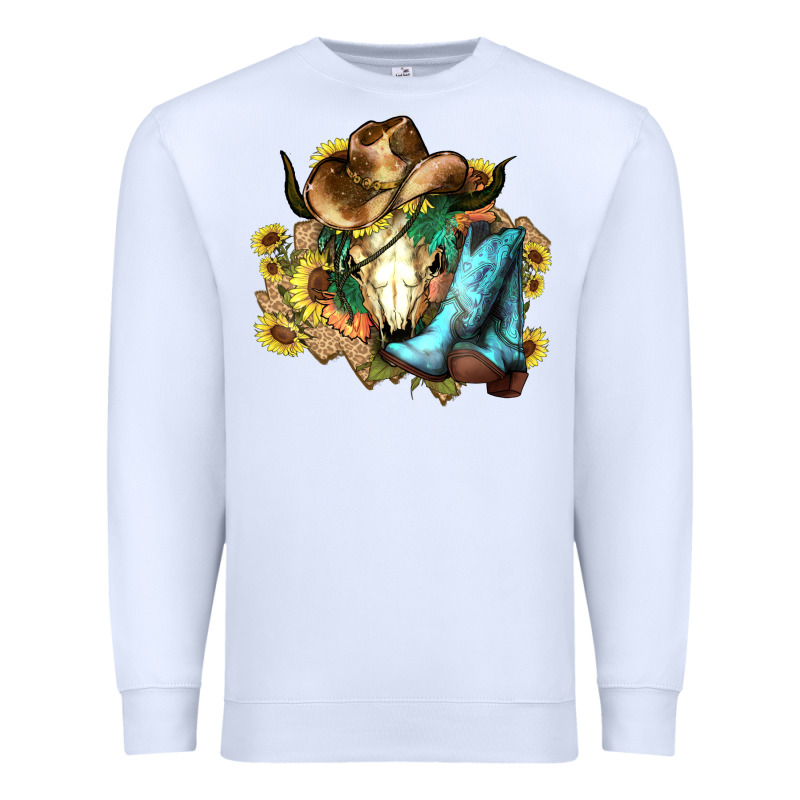 Cow Skull Cowboy Boots Hats Sunflowers Premium Sweatshirt by HowdyJamesFarm | Teevron