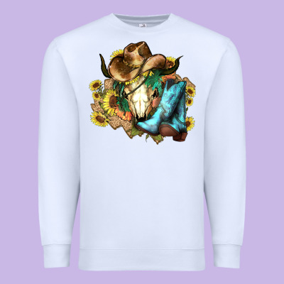 Cow Skull Cowboy Boots Hats Sunflowers Premium Sweatshirt Designed By Howdyjamesfarm