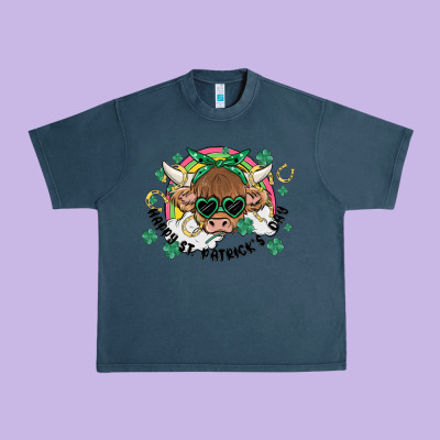 St. Patrick's Day Highland Cow Urban Heavy Tee Designed By Maliassmallbusiness
