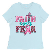 Baby Blue faith over fear with cross and ribbon Ladies Tee - HRA Design Shop
