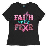 Black faith over fear with cross and ribbon Ladies Tee - HRA Design Shop