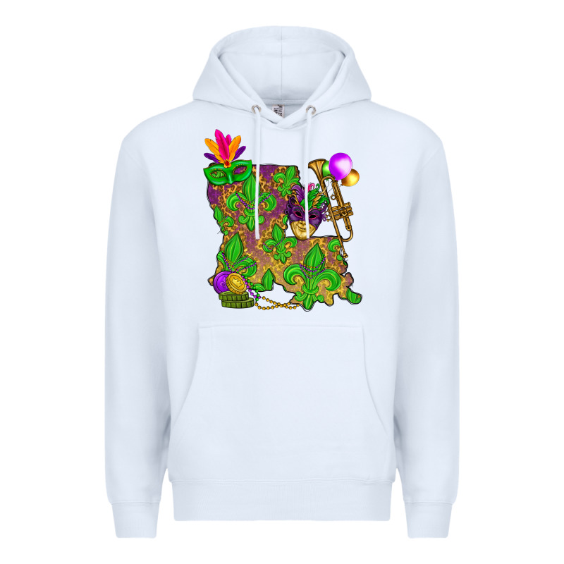 Louisiana Map Mardi Gras Premium Hoodie by HowdyJamesFarm | Teevron