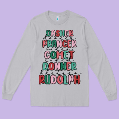 Dasher Dancer Prancer Vixer Comet Cupid Donner Bli Long Sleeve Tee Designed By Maliassmallbusiness