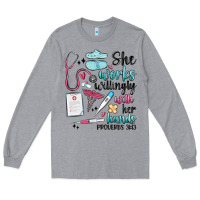 Heather Grey she works willingly with her hands Long Sleeve Tee - MaliasSmallBusiness
