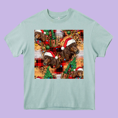 Christmas Horse Leopard Tartan Heavy Core Tee Designed By Fadigitalartstudio