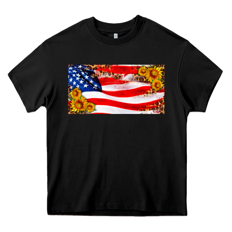 Usa Flag And Sunflower License Plate Heavy Core Tee by HRA Design Shop | Teevron