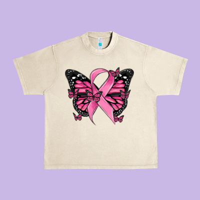 Breast Cancer Ribbon  Butterfly Urban Heavy Tee Designed By Maliassmallbusiness