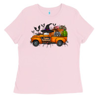 Bubblegum Pink happy halloween truck Ladies Tee - CowhideDigitalArt