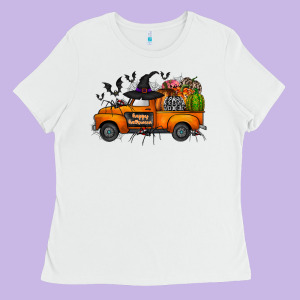 Happy Halloween Truck Ladies Tee Designed By Cowhidedigitalart