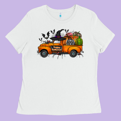 Happy Halloween Truck Ladies Tee Designed By Cowhidedigitalart