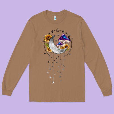 Moon And Mushrooms With Sunflower Long Sleeve Tee Designed By Maliassmallbusiness