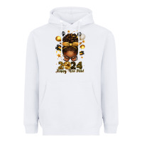 White 2024 happy new year  afro messy bun Heavyweight Hoodie - texasbilliewilder