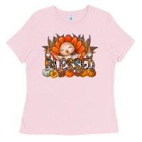 Bubblegum Pink Thanksgiving Turkey Pumpkin Blessed Ladies Tee - CowhideDigitalArt
