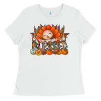 White Thanksgiving Turkey Pumpkin Blessed Ladies Tee - CowhideDigitalArt