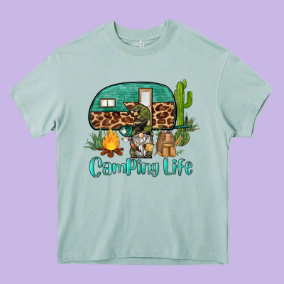Camping Life Caravan And Gnome Heavy Core Tee Designed By Barkaloodesign