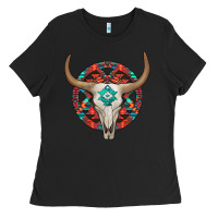 Black turquoise aztec bullskull Ladies Tee - JahusDesignShop