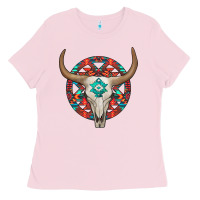Bubblegum Pink turquoise aztec bullskull Ladies Tee - JahusDesignShop