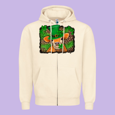 St Patricks Orange Cow With Leopard Background Zipper Hoodie Designed By Jasminsmagicworld