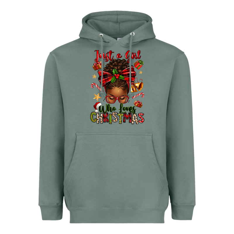 Just A Girl Who Loves Christmas Afro Messy Bun Heavyweight Hoodie by texasbilliewilder | Teevron