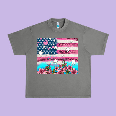 American Flag And Teeth With Flowers Urban Heavy Tee Designed By Adodesignshop