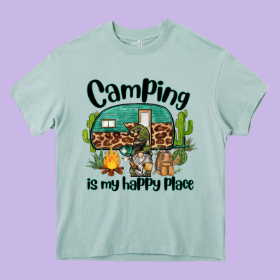 Camping Is My Happy Place Caravan And Gnome Heavy Core Tee Designed By Barkaloodesign