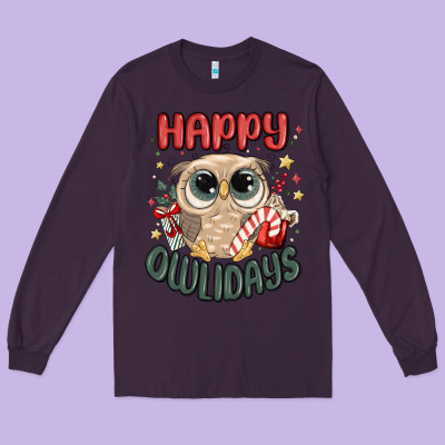 Happy Owlidays Long Sleeve Tee Designed By Maliassmallbusiness