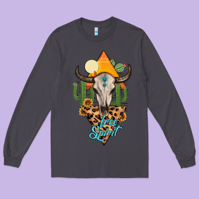 Free Spirit Bull Skull Long Sleeve Tee Designed By Maliassmallbusiness