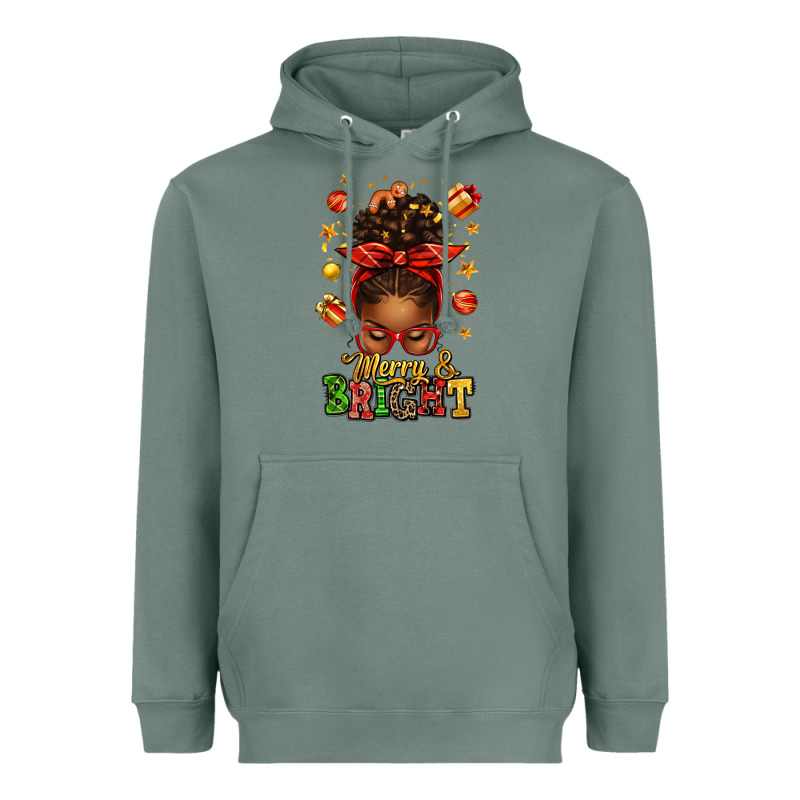 Merry And Bright Christmas Afro Messy Bun Heavyweight Hoodie by texasbilliewilder | Teevron