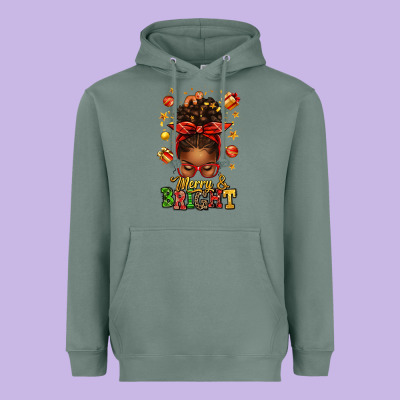 Merry And Bright Christmas Afro Messy Bun Heavyweight Hoodie Designed By Texasbilliewilder