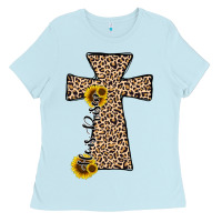 Baby Blue he is risen leopard cross Ladies Tee - JahusDesignShop