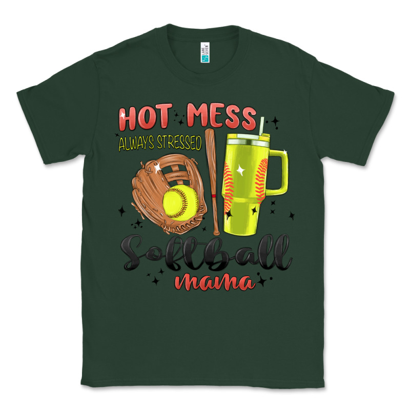 Hot Mess Always Stressed Softball Mama Stanley Cup Classic Tee by MaliasSmallBusiness | Teevron