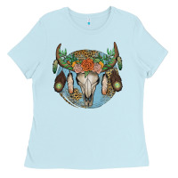 Baby Blue floral feather bull skull Ladies Tee - JahusDesignShop