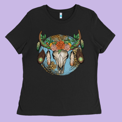Floral Feather Bull Skull Ladies Tee Designed By Jahusdesignshop