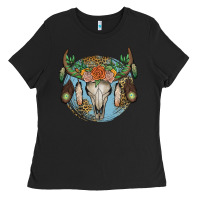 Black floral feather bull skull Ladies Tee - JahusDesignShop
