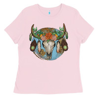 Bubblegum Pink floral feather bull skull Ladies Tee - JahusDesignShop