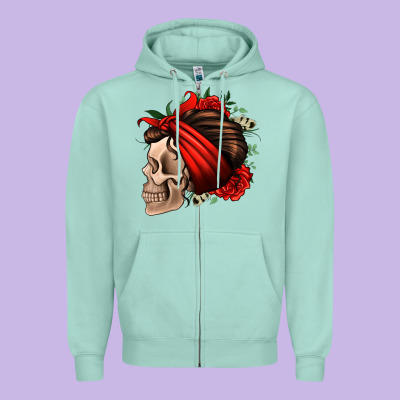 Bandana And Roses Skull Zipper Hoodie Designed By Jasminsmagicworld
