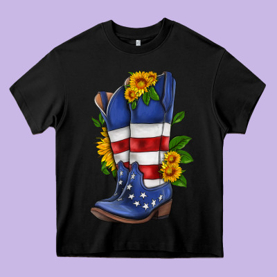 American Cowboy Boot With Sunflower Heavy Core Tee Designed By Hra Design Shop