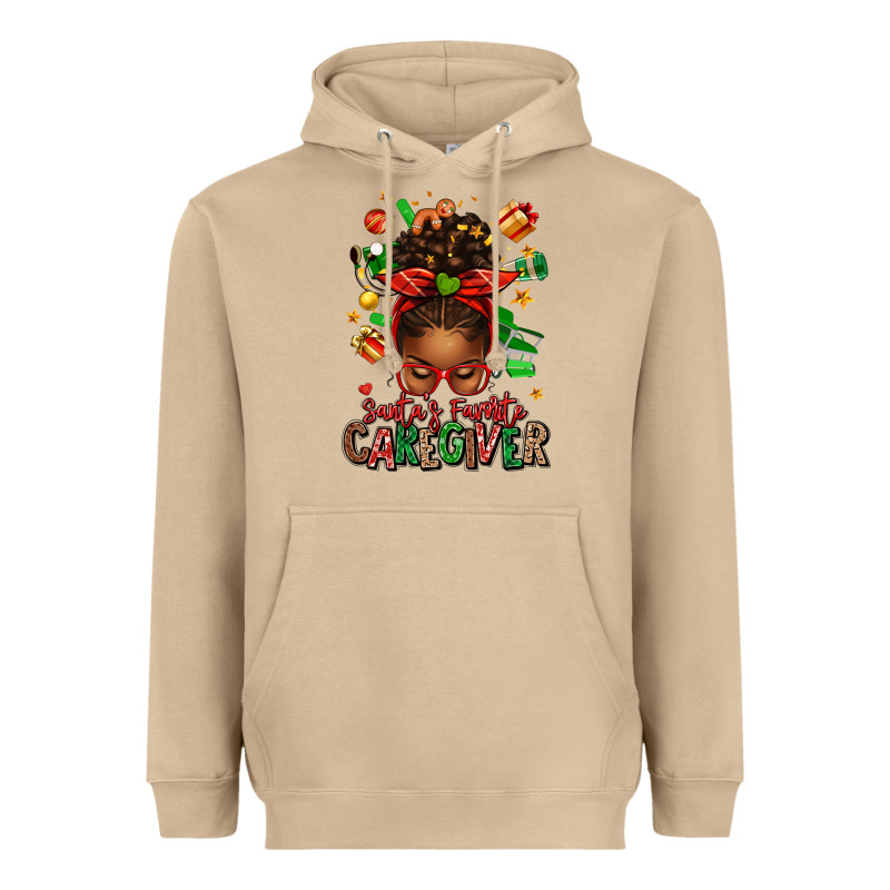 Santas Favorite Caregiver Afro Messy Bun Heavyweight Hoodie by texasbilliewilder | Teevron
