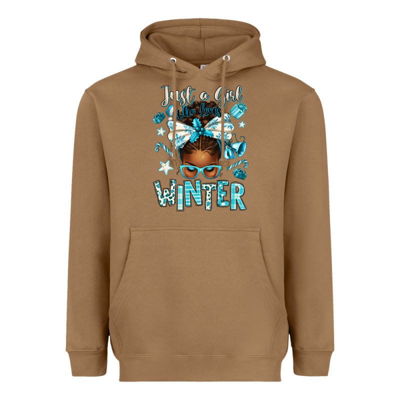 Just A Girl Who Loves Winter Afro Messy Bun Heavyweight Hoodie by texasbilliewilder | Teevron