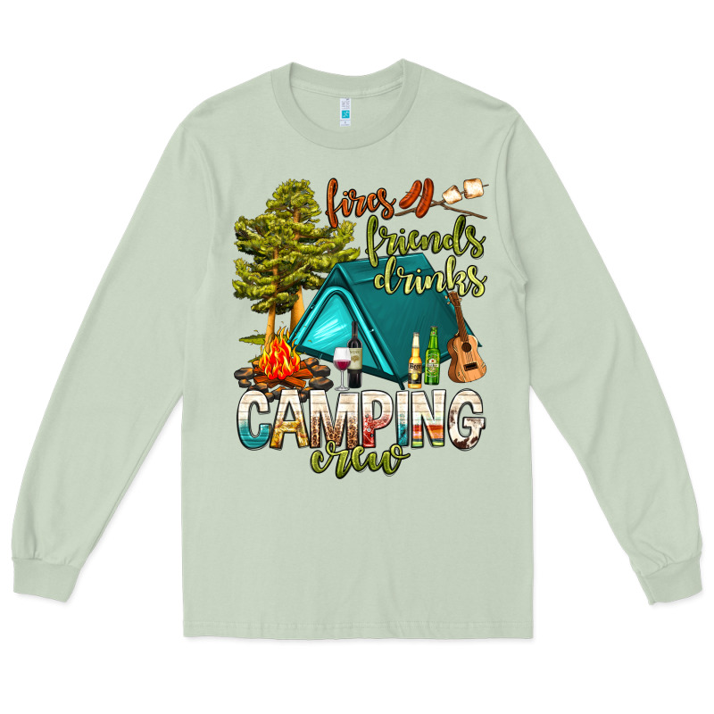 Fires Friends Drinks Camping Crew Long Sleeve Tee by NancyCooperArtShop | Teevron