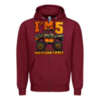 Burgundy i'm five this is how i roll monster truck birthday Zipper Hoodie - Jasminsmagicworld