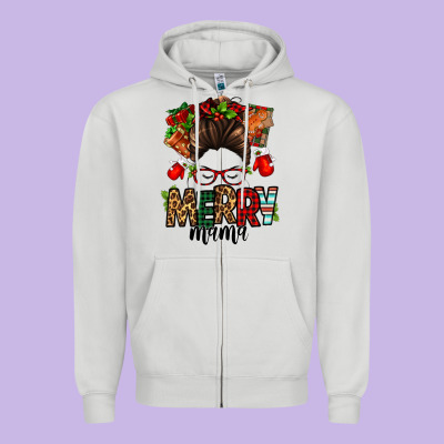 Christmas Merry Mama Messy Bun Zipper Hoodie Designed By Jasminsmagicworld