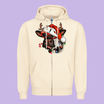 Christmas Cow With Antlers Zipper Hoodie Designed By Jasminsmagicworld