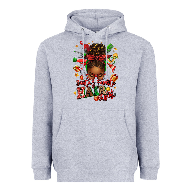 Santas Favorite Hair Stylist Afro Messy Bun Heavyweight Hoodie by texasbilliewilder | Teevron