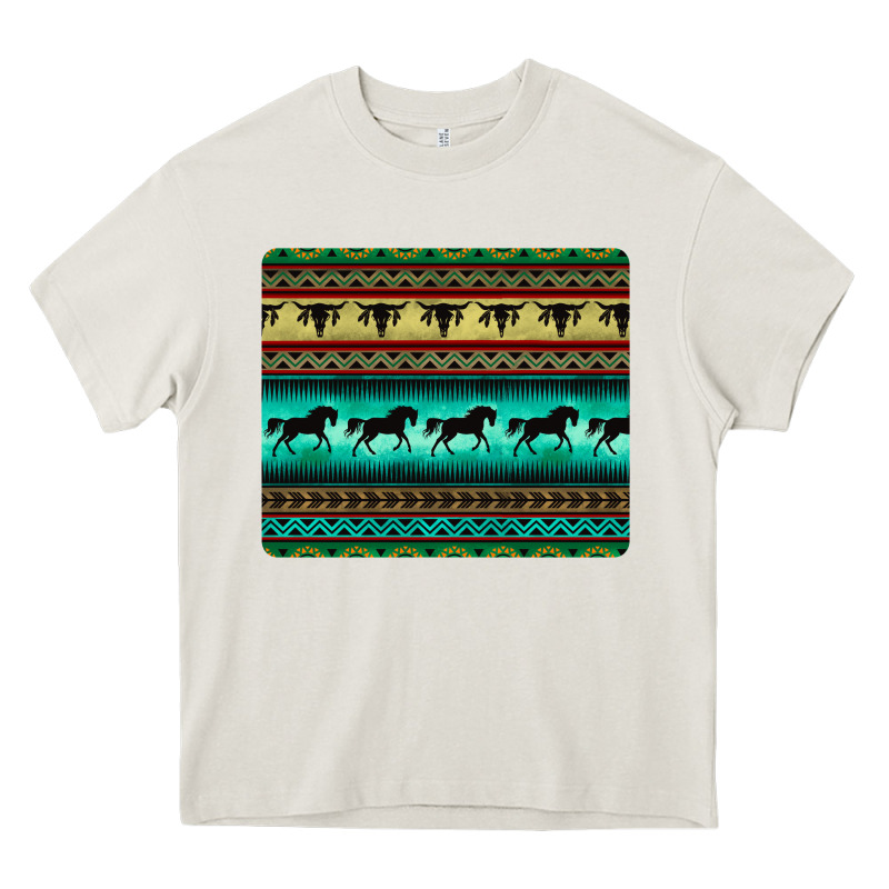 Turquoise Horse And Bullskull Aztec  Pattern Heavy Core Tee by BarkalooDesign | Teevron