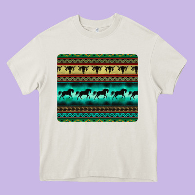 Turquoise Horse And Bullskull Aztec  Pattern Heavy Core Tee Designed By Barkaloodesign