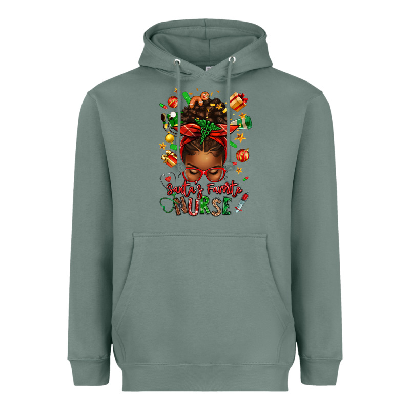 Santa's Favorite Nurse Afro Messy Bun Heavyweight Hoodie by texasbilliewilder | Teevron