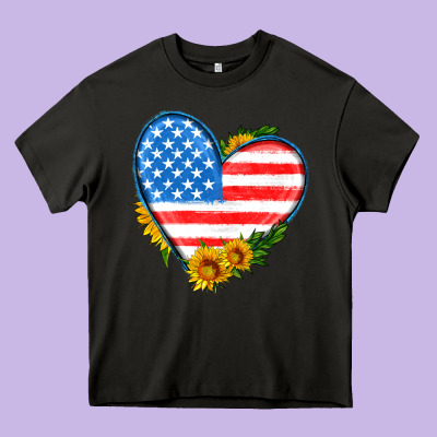 Usa Flag Heart With Sunflower Heavy Core Tee Designed By Hra Design Shop