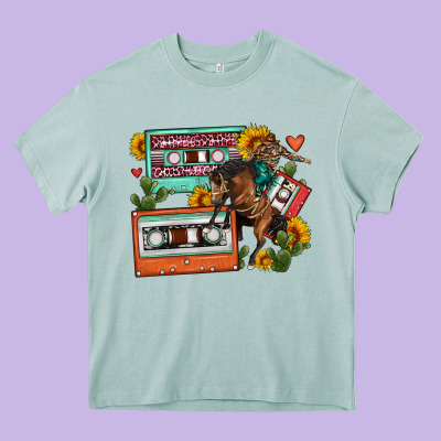 Rodeo Sunflower Cactus Cassette Heavy Core Tee Designed By Fadigitalartstudio